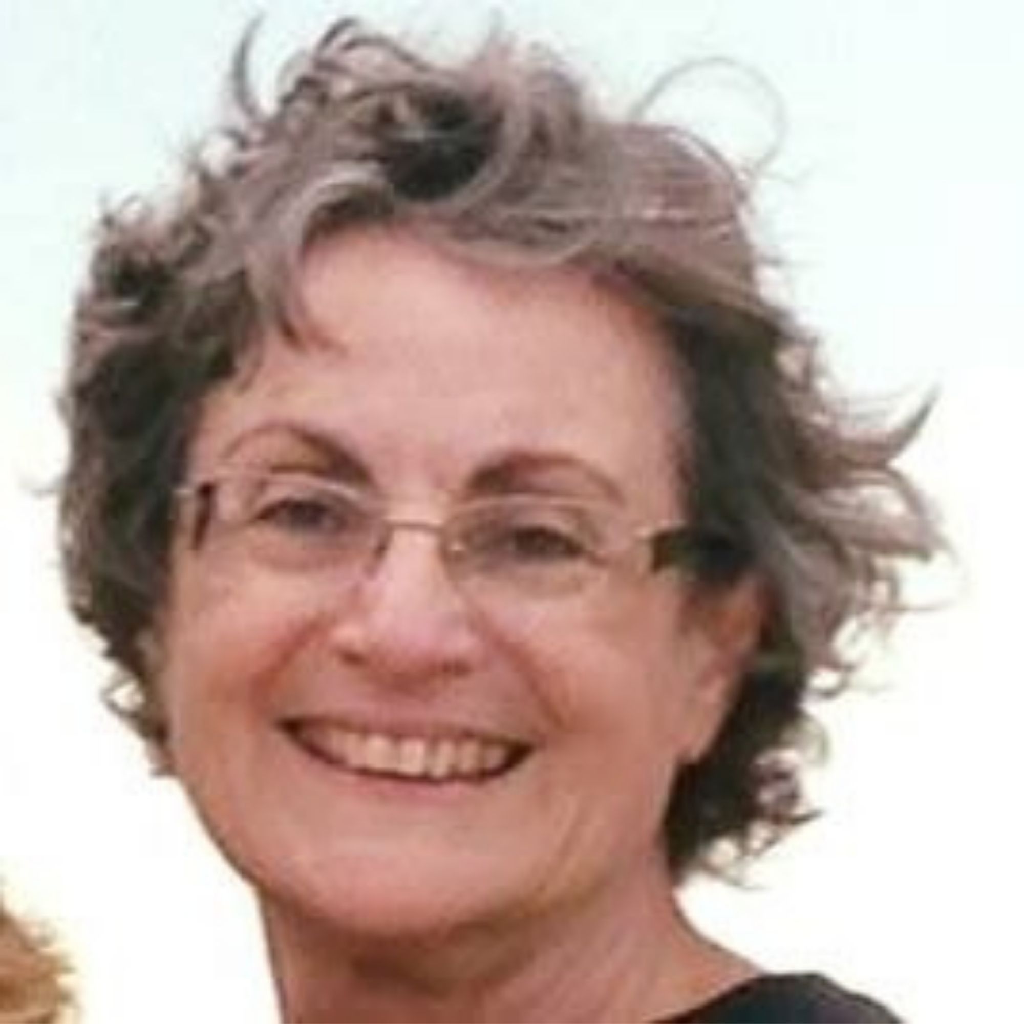 Billie David portrait, woman is white with salt and pepper hair blowing in the wind, smiling and wearing glasses